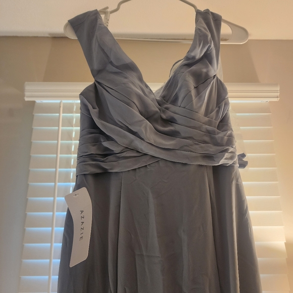 Azazie Lecia Dusty Blue Empire Off-the-Shoulder Pleated Chiffon Dress - Picture 7 of 9